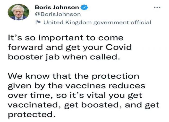 Boris Johnson invita i cittadini a fare la terza dose Boris Johnson invita i cittadini a fare la terza dose